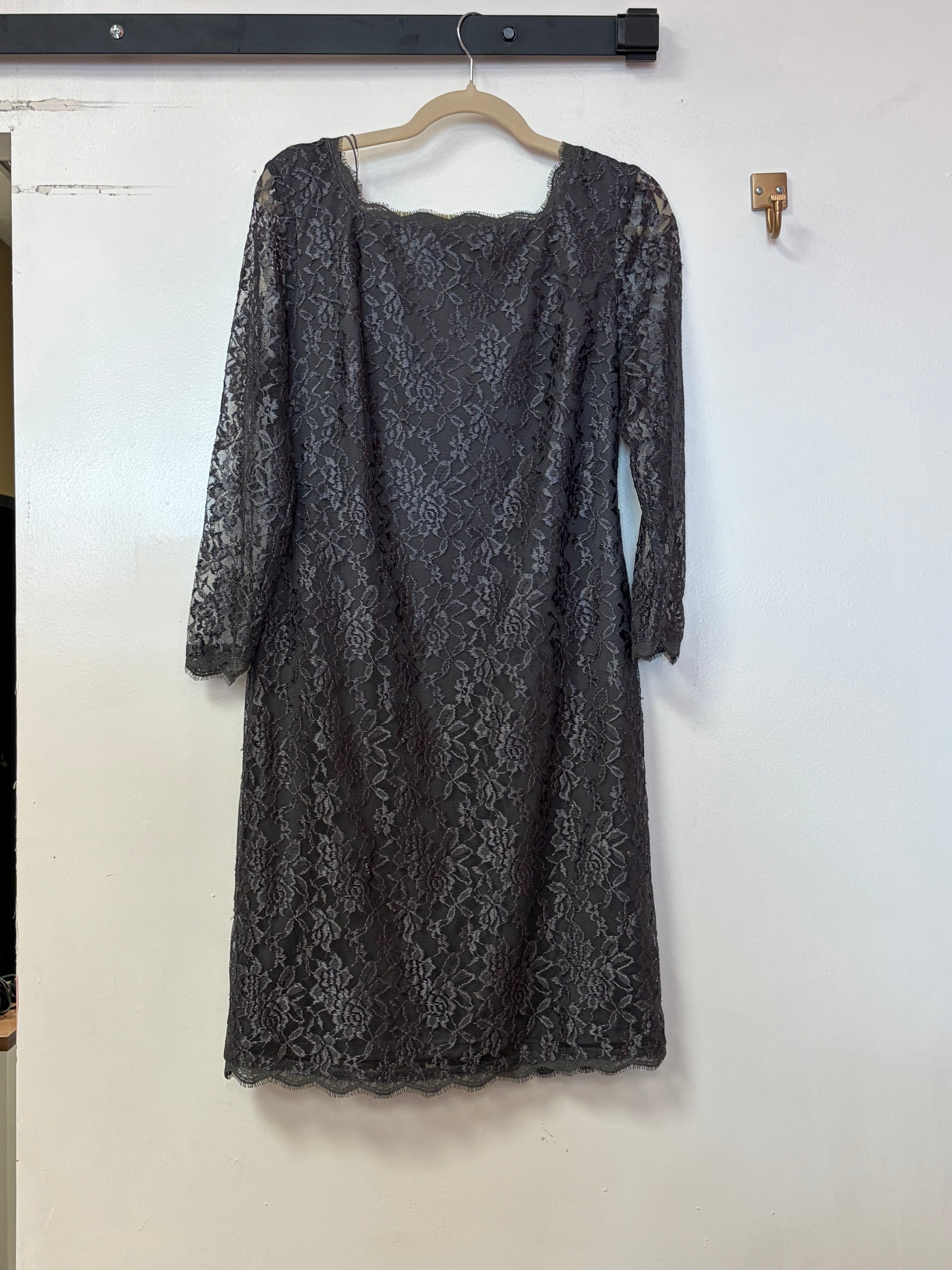 Adrianna Papell Navy Lace Sheath Dress with Square Neckline and V-Back