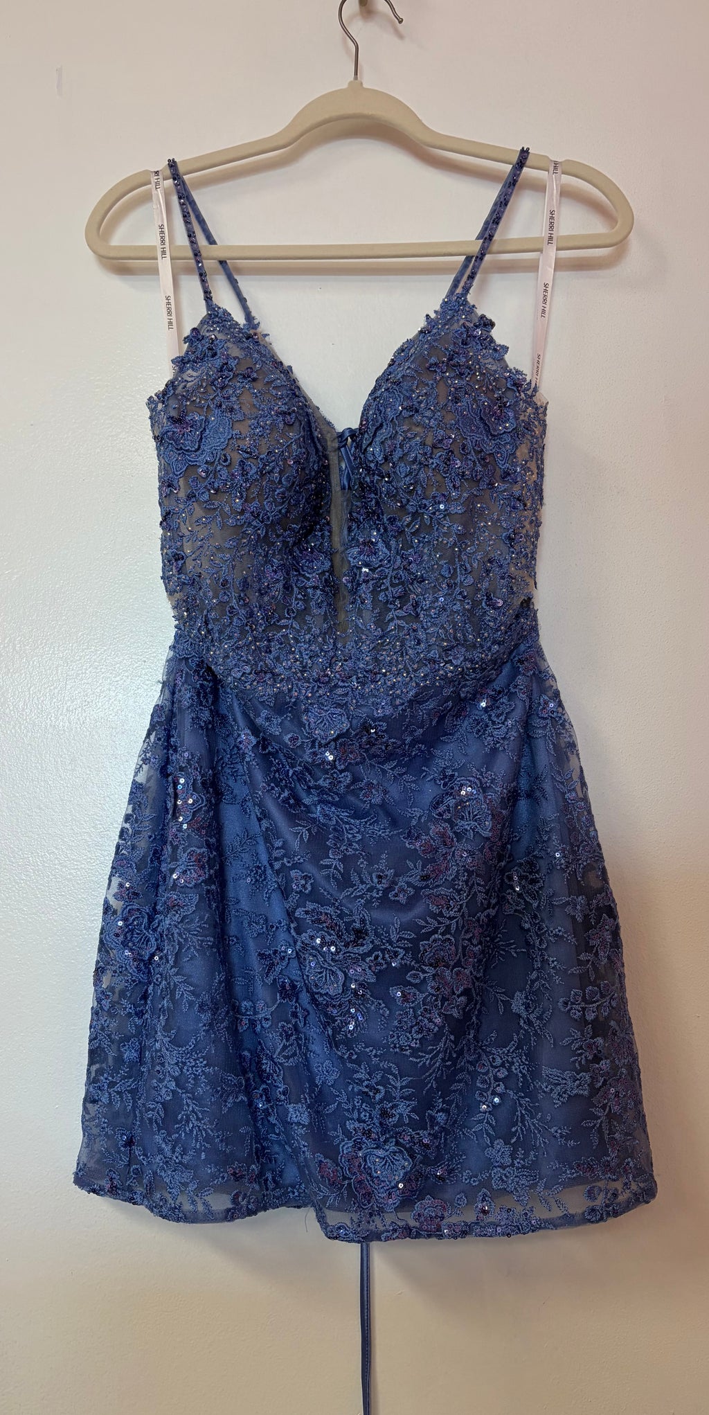 Sherri Hill 56645 Periwinkle  Lace Appliqué Homecoming Dress with Embroidered Corset Bodice