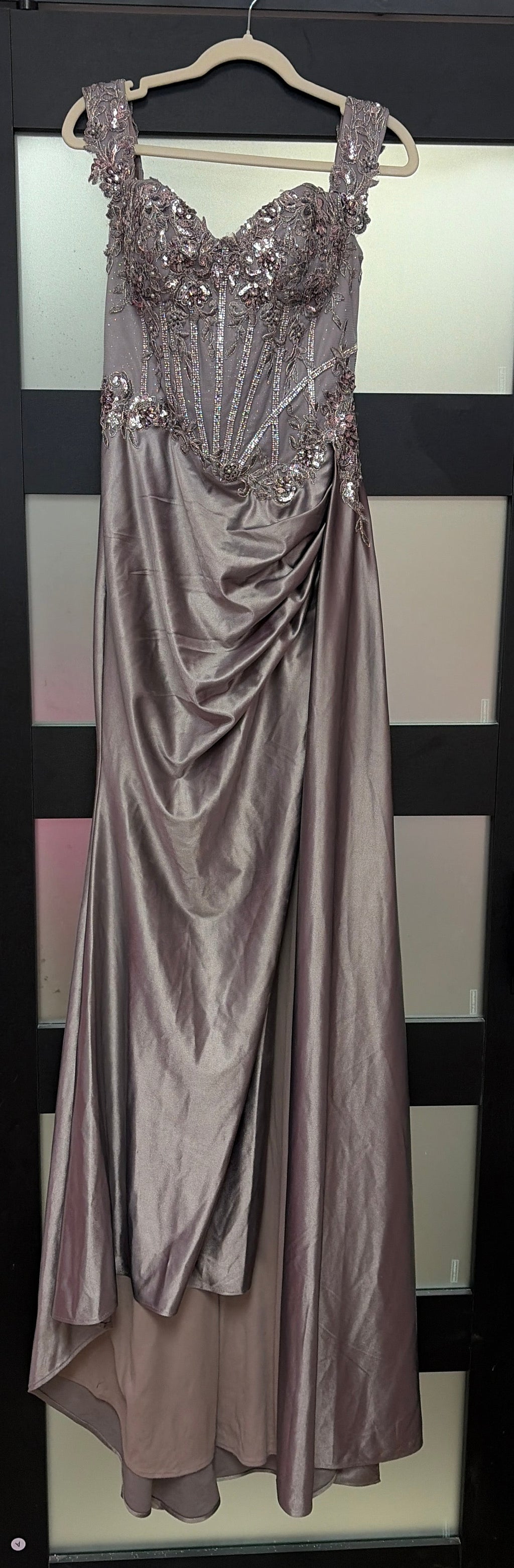 LaDivine CDS554 Silver Embellished Corset Prom Dress with Draped Satin Skirt and Slit