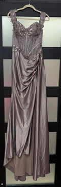 LaDivine CDS554 Silver Embellished Corset Prom Dress with Draped Satin Skirt and Slit
