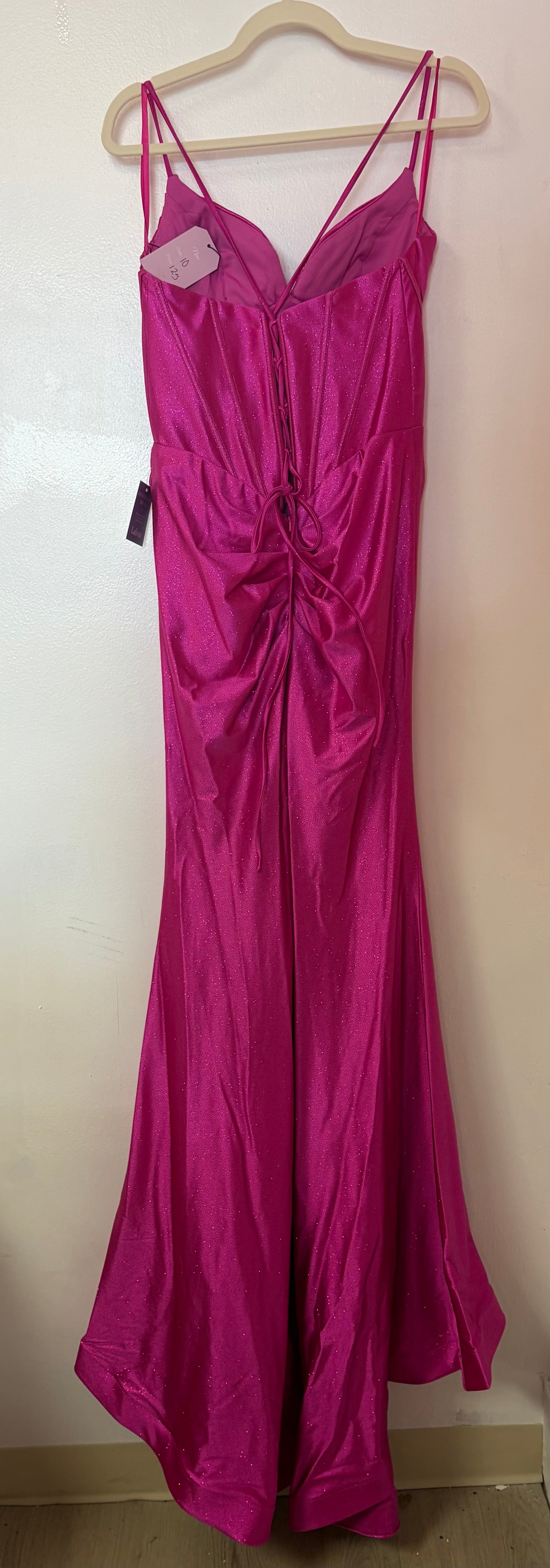 LaDivine CC2397 Hot Pink Glitter Satin Corset Prom Dress with Lace-Up Back