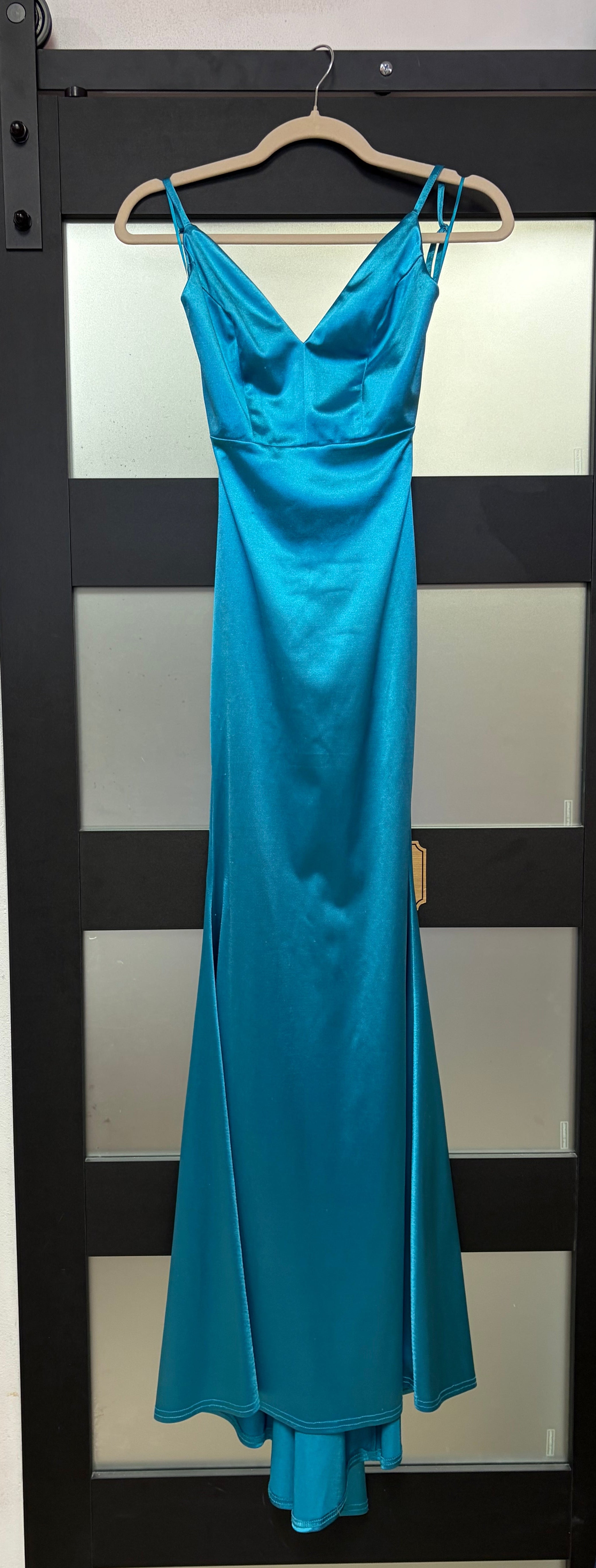 Amoris by Cinderella Divine SE016 Teal Satin Cowl Neck Mermaid Formal Gown
