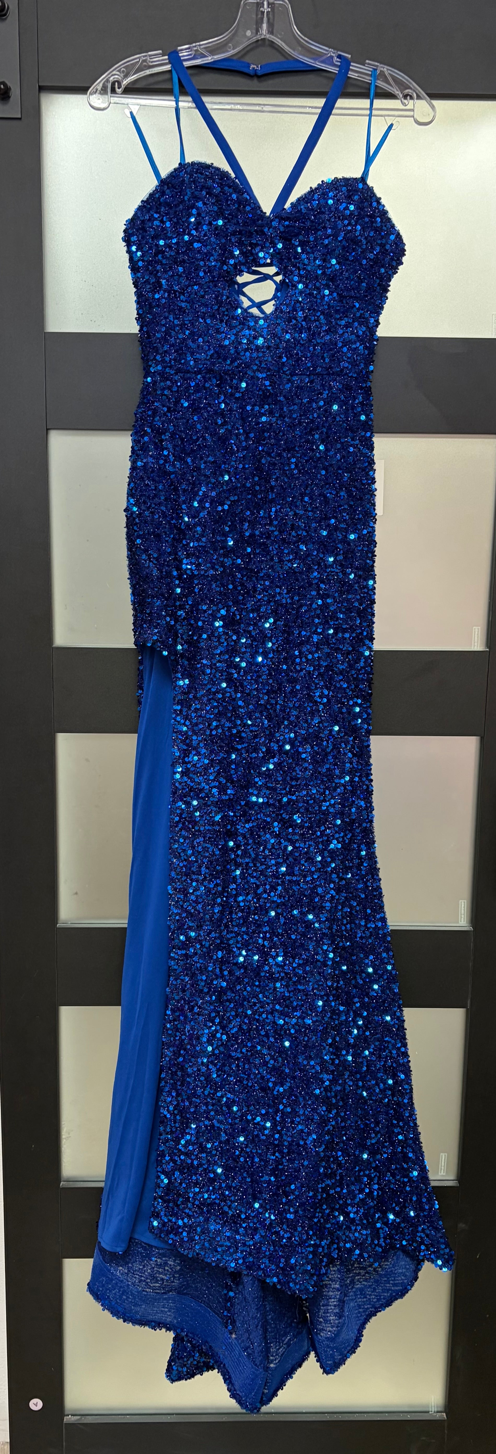 Cinderella Divine CD883 Royal Blue Sequin Halter Gown with Lace-Up Back