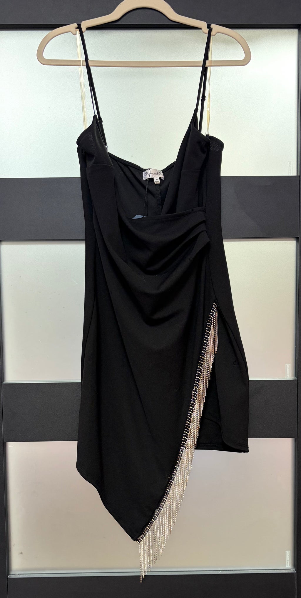 Honey and Rosie Black Asymmetrical Cocktail Dress with Rhinestone Fringe