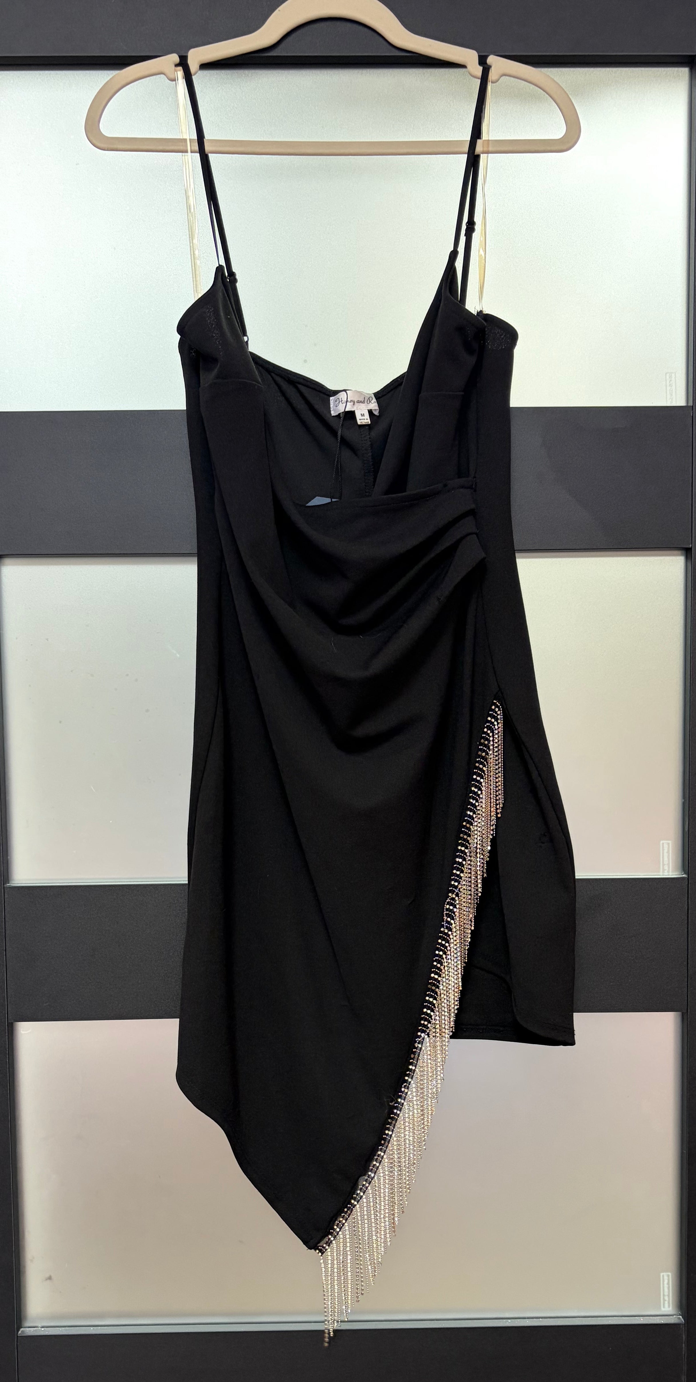 Honey and Rosie Black Asymmetrical Cocktail Dress with Rhinestone Fringe