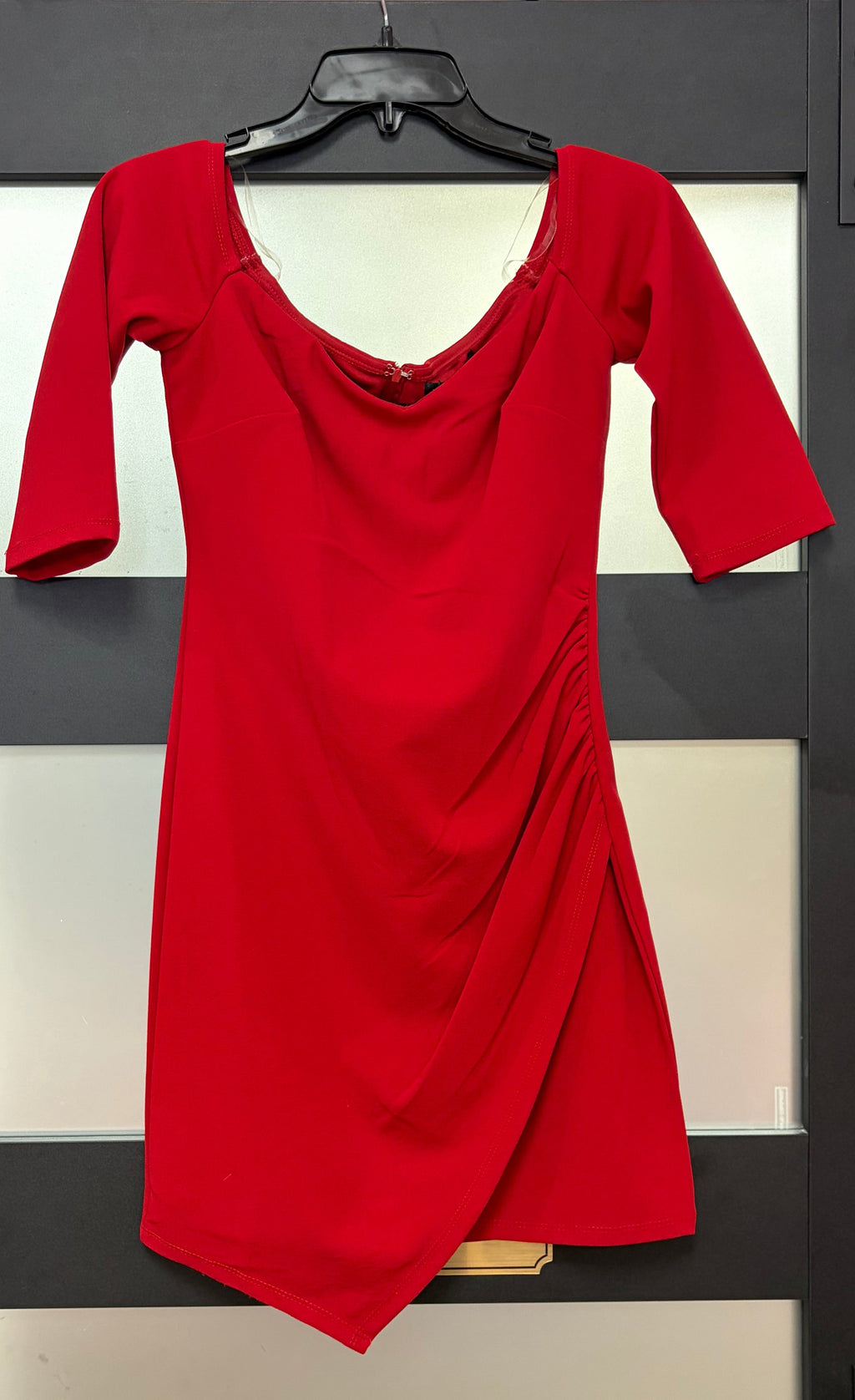Midnight Doll Red Asymmetrical Ruched Cocktail Dress with Three-Quarter Sleeves