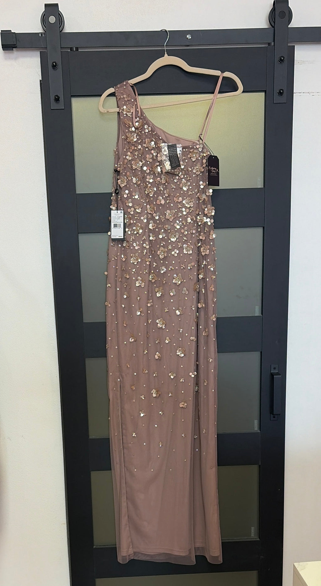 Adrianna Papell mauve colored with gold floral sequins