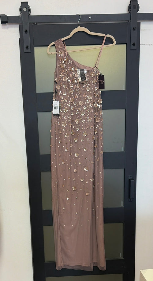 Adrianna Papell mauve colored with gold floral sequins