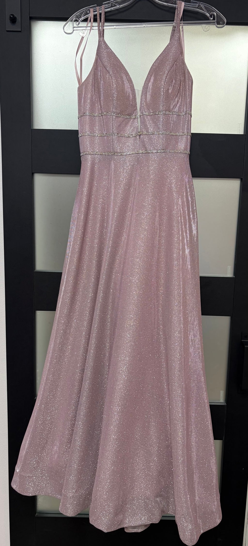 Clarisse Dusty Rose Shimmer A-Line Prom Gown with Rhinestone Waist Detail