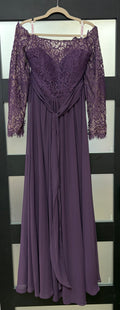 JJ’s House Dusty Plum Lace Off-the-Shoulder Chiffon Formal Gown