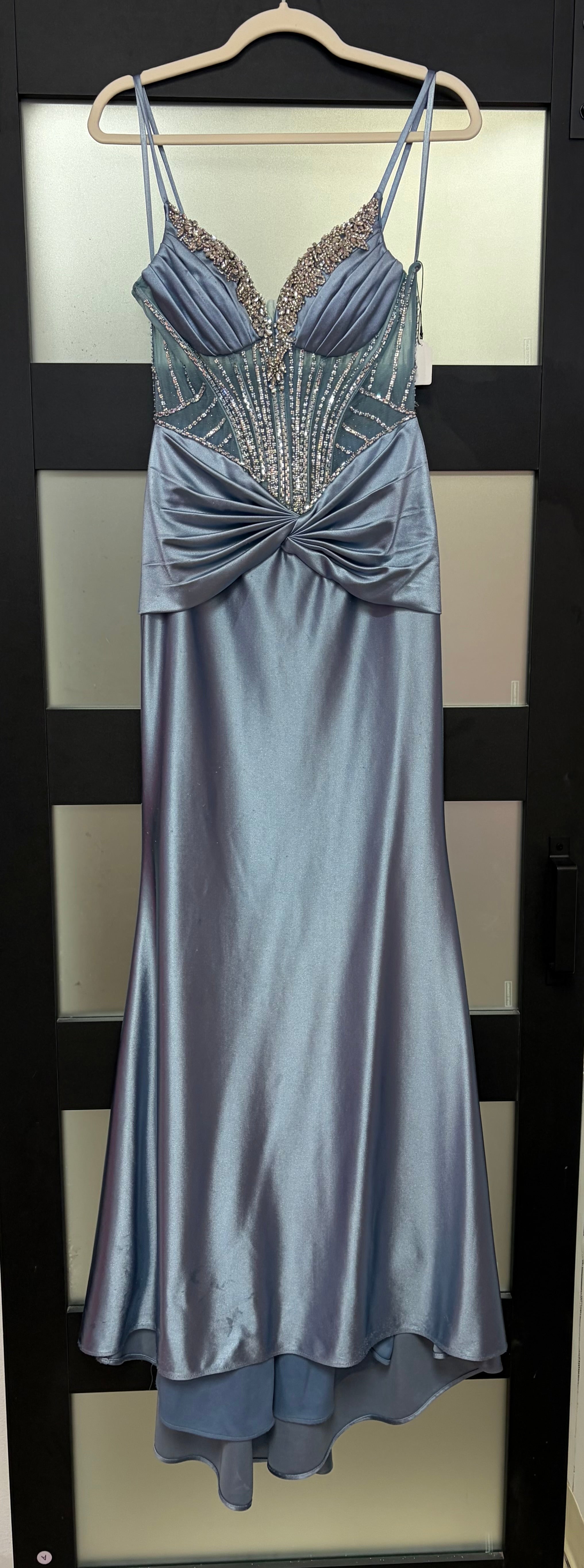 LaDivine CD752 Dusty Blue Satin Corset Gown with Crystal Beading
