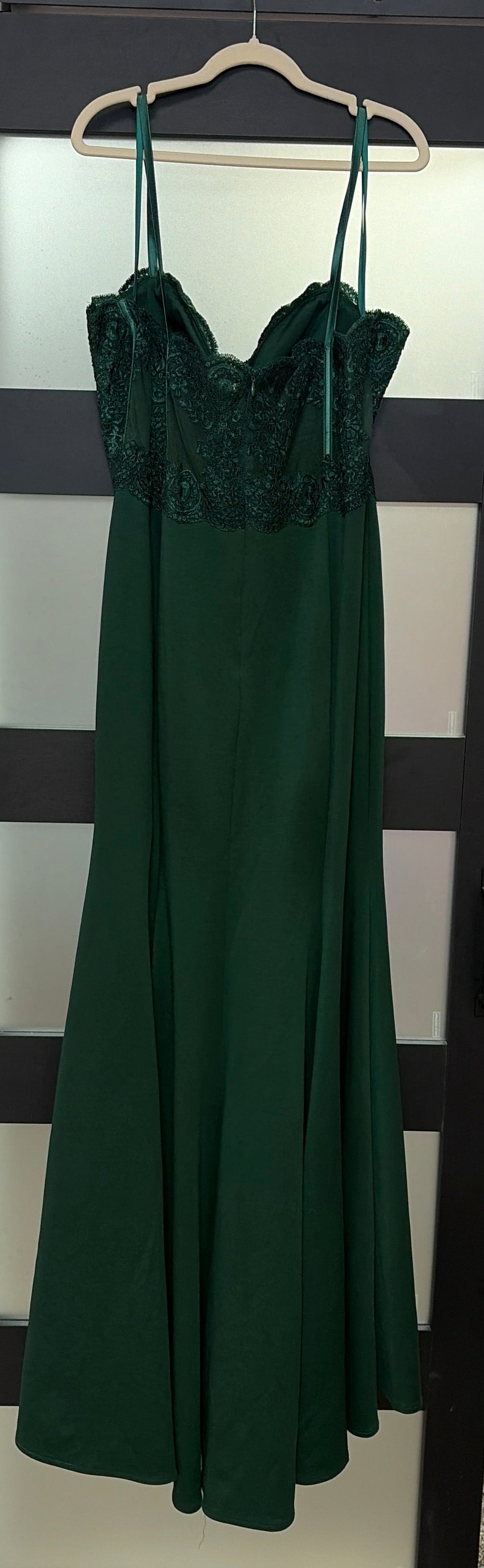 Cinderella Divine CF266 Emerald Green Satin Prom Gown with Lace Corset Bodice and Side Slit
