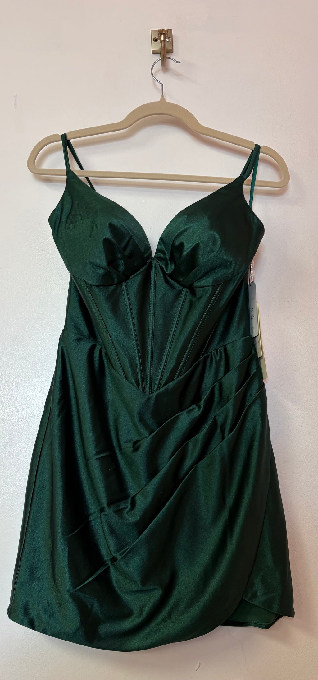 Stacees Emerald Green Satin Corset Homecoming Dress with Draped Skirt