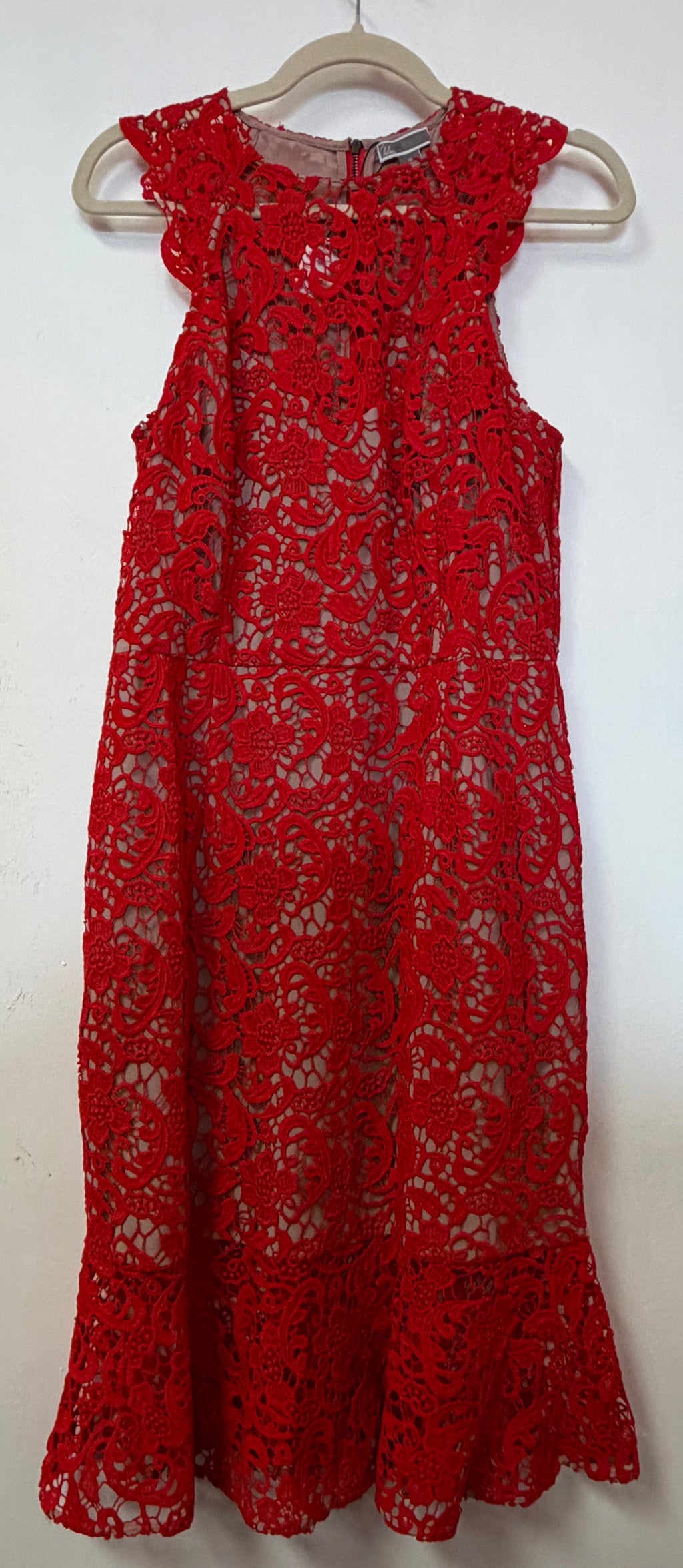 Red Crochet Lace Mermaid Cocktail Dress with Nude Lining and Flounce Hem