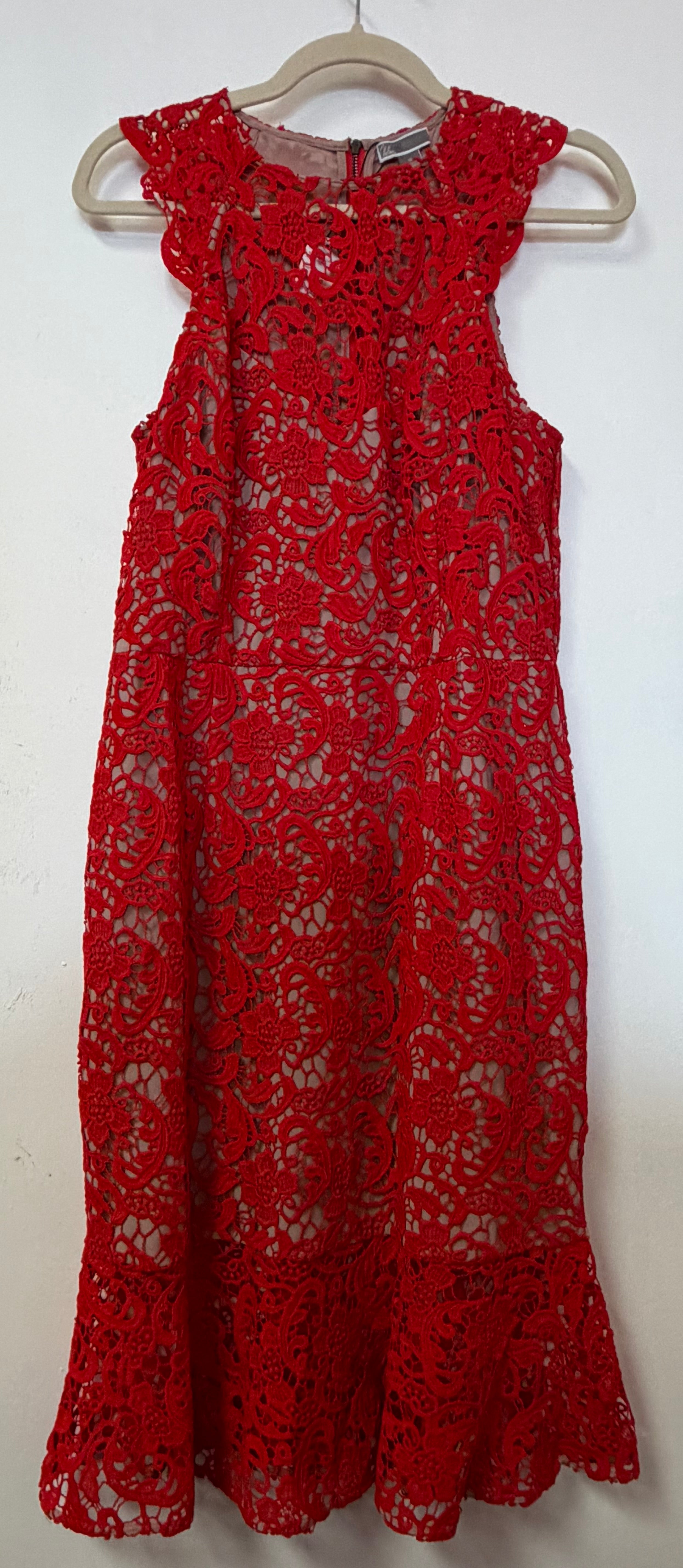 Red Crochet Lace Mermaid Cocktail Dress with Nude Lining and Flounce Hem