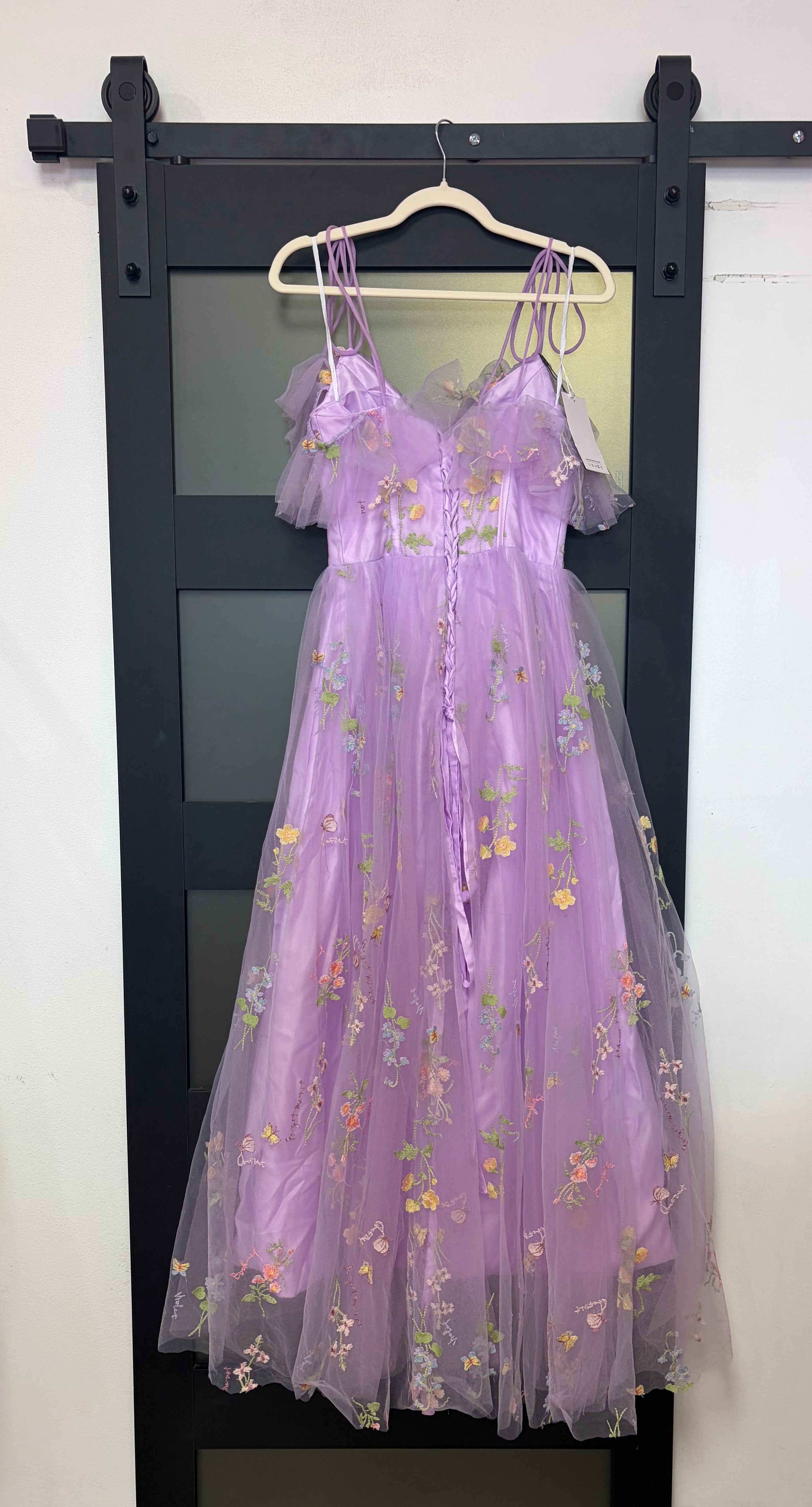 Lavender Cottagecore Embroidered Tulle Evening Dress