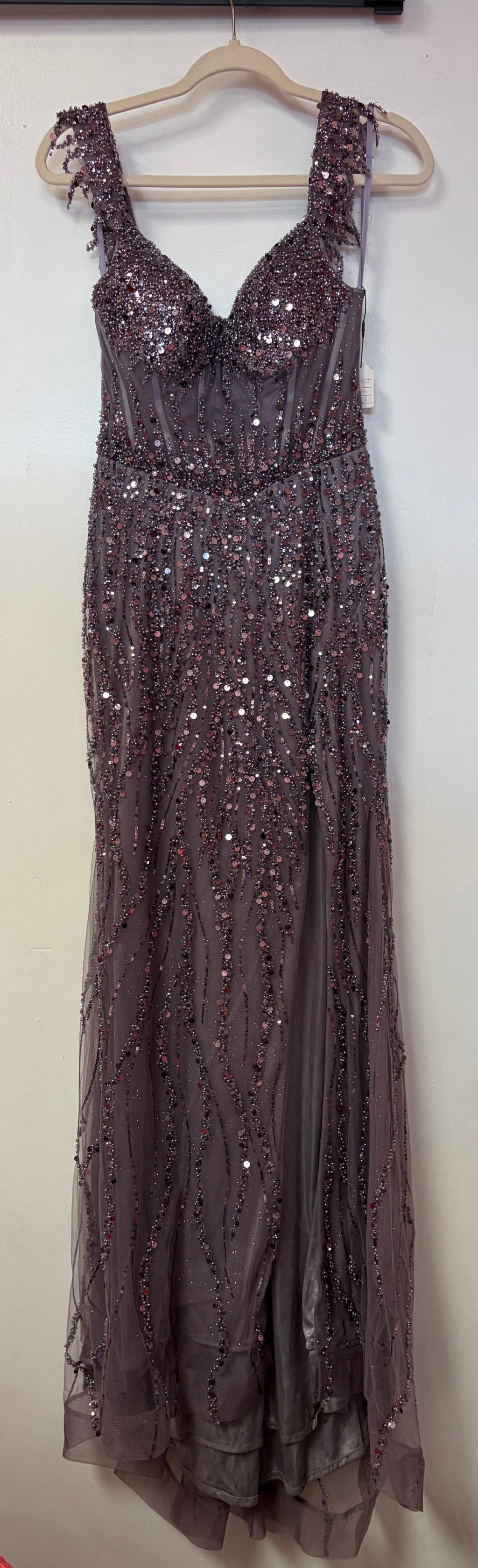 LaDivine CD0203 Dusty Mauve Beaded A-Line Gown with Corset Back and Cascading Sequin Embellishments