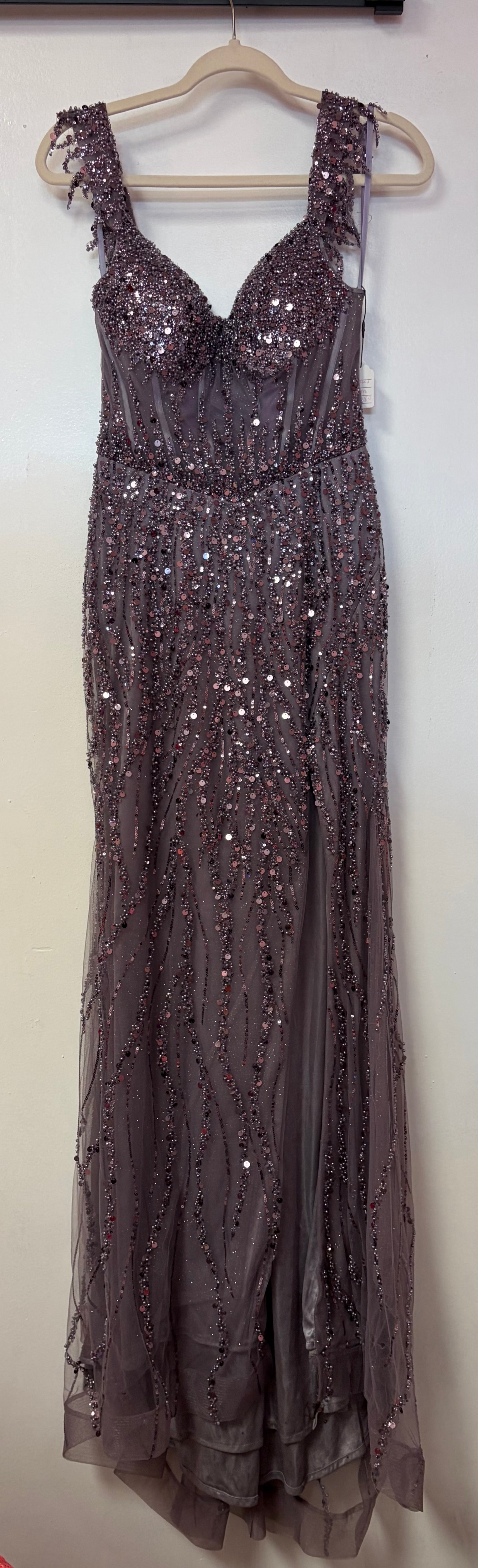 LaDivine CD0203 Dusty Mauve Beaded A-Line Gown with Corset Back and Cascading Sequin Embellishments