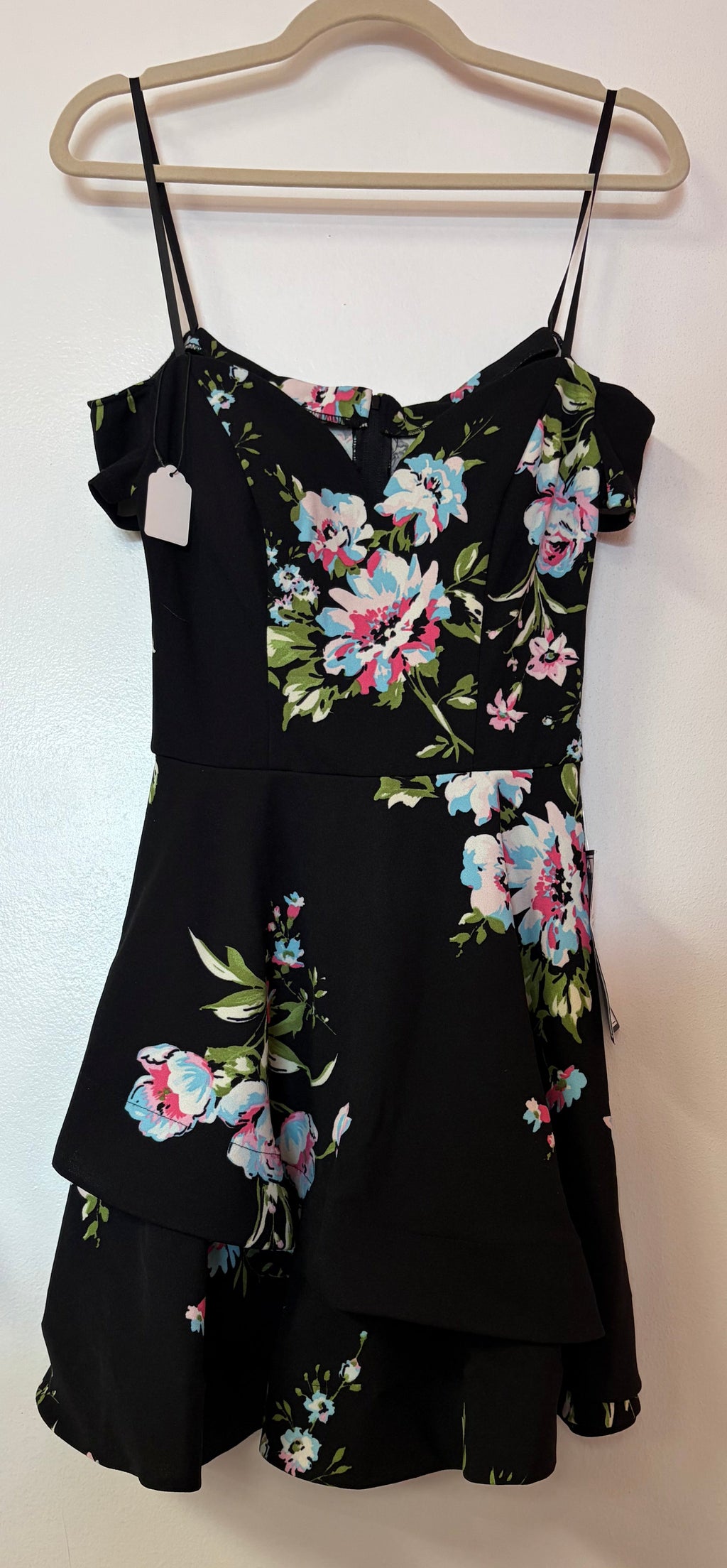 B. Darlin Black Floral Print Off-the-Shoulder Tiered Ruffle Mini Dress with Asymmetrical Flounce Skirt