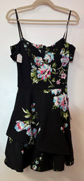 B. Darlin Black Floral Print Off-the-Shoulder Tiered Ruffle Mini Dress with Asymmetrical Flounce Skirt