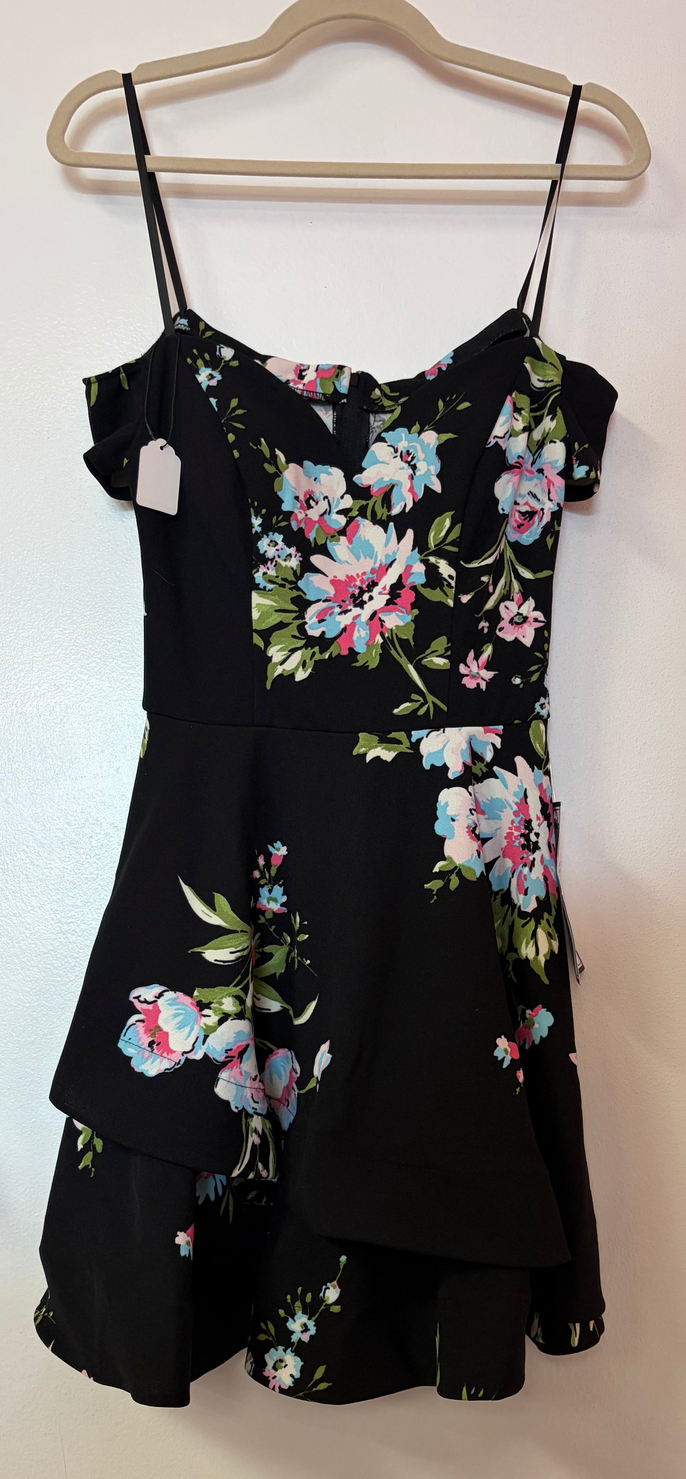 B. Darlin Black Floral Print Off-the-Shoulder Tiered Ruffle Mini Dress with Asymmetrical Flounce Skirt