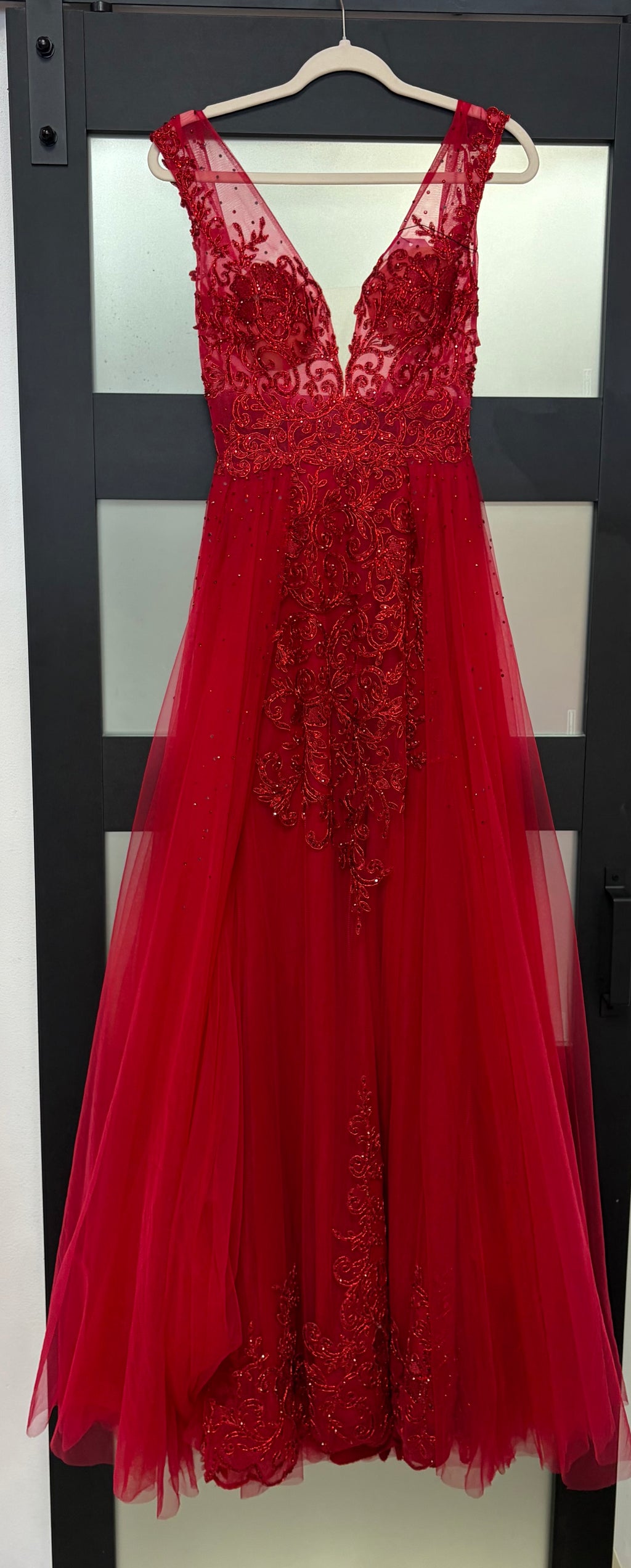 JVN by Jovani JVN41677 Red Sequin Fitted Gown with Lace-Up Back