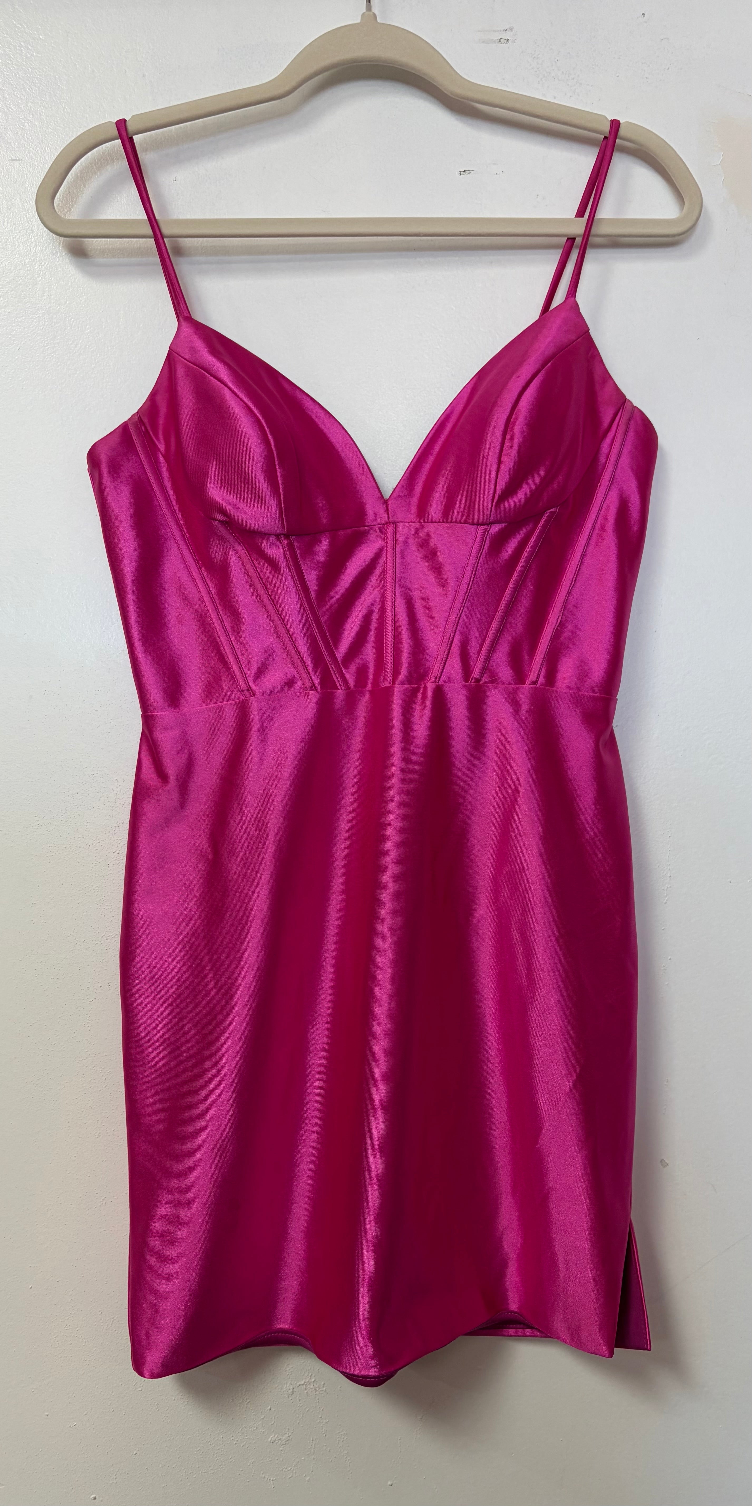 Ed Young Fuchsia Satin Corset Mini Dress with Side Slit