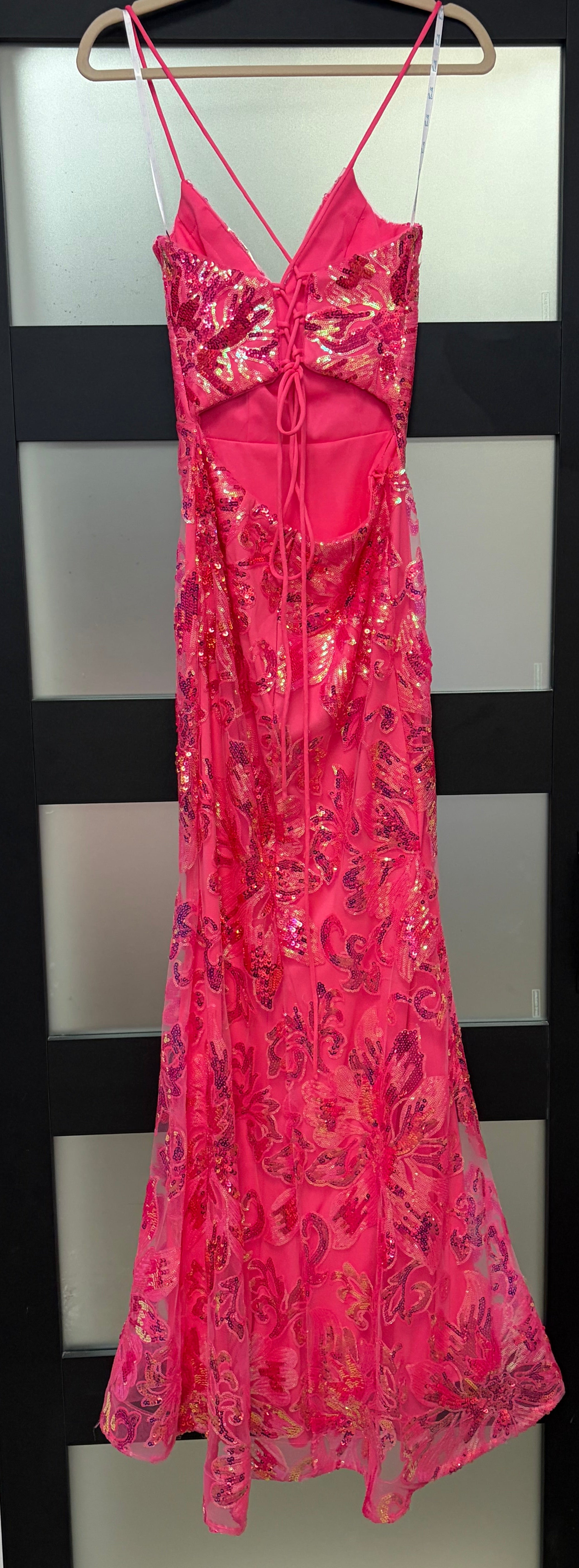 Camille La Vie Hot Pink Sequin Floral Mermaid Gown with Lace-Up Back
