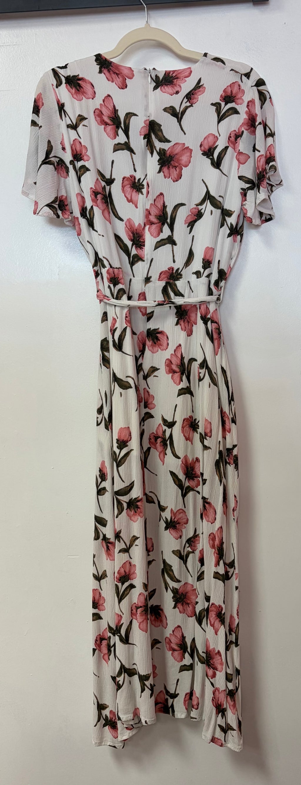 Ivory Floral Midi Dress with Pink Blossom Print and Tie Waist