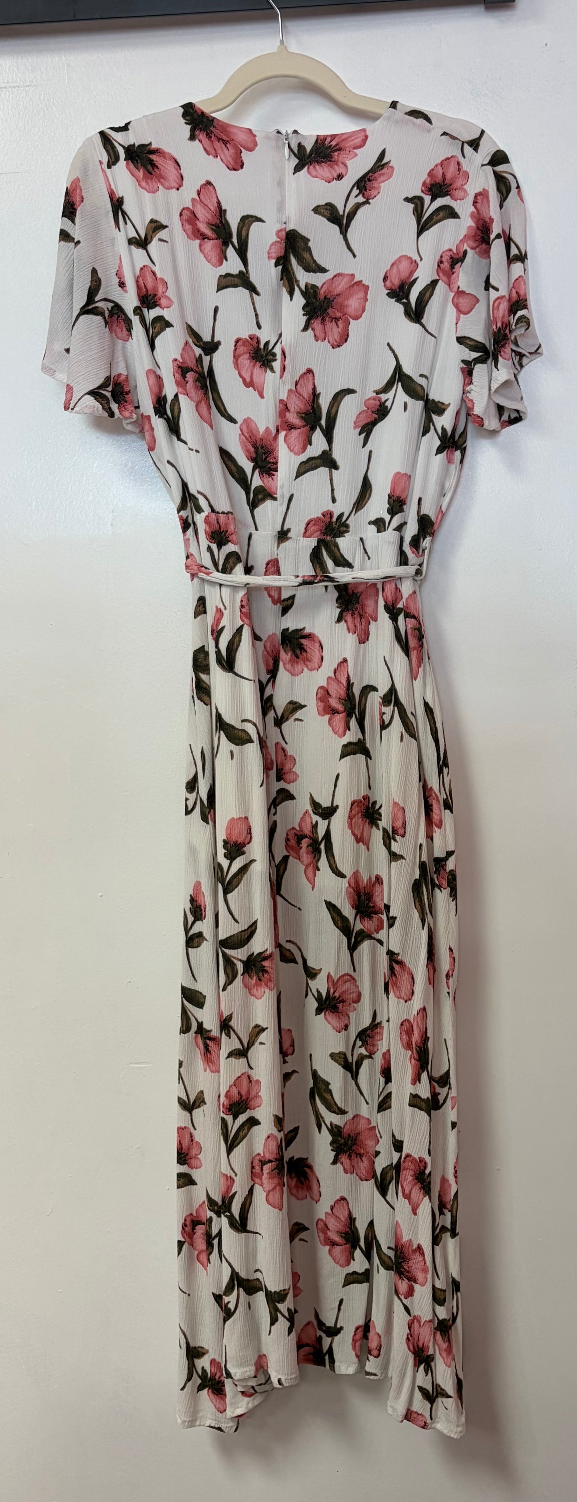 Ivory Floral Midi Dress with Pink Blossom Print and Tie Waist