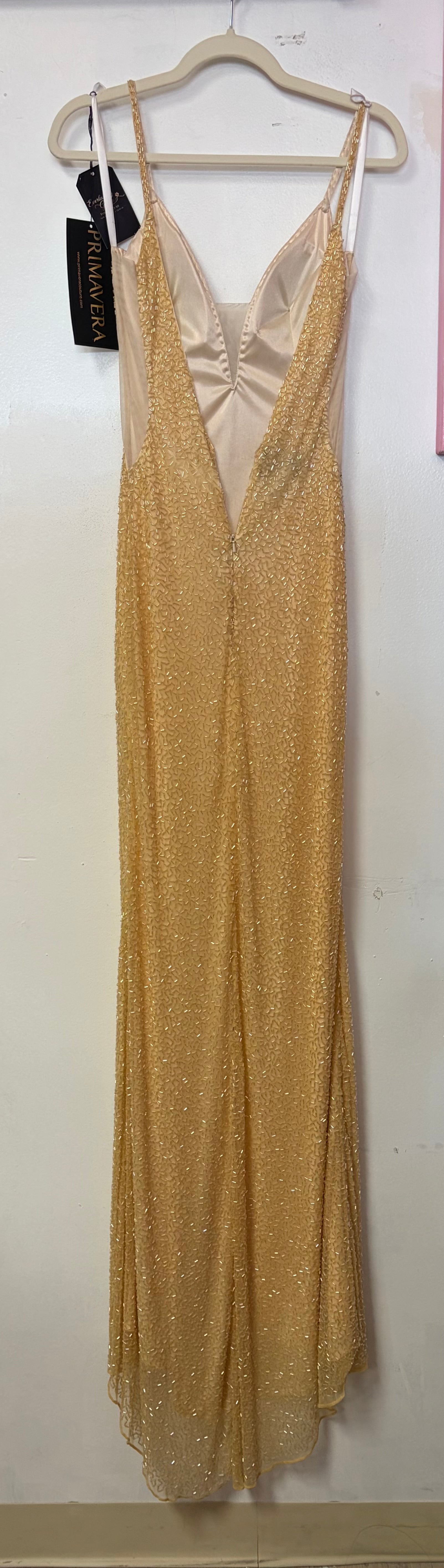 Primavera Couture 3207 Yellow Beaded V-Neck Evening Gown with High Slit