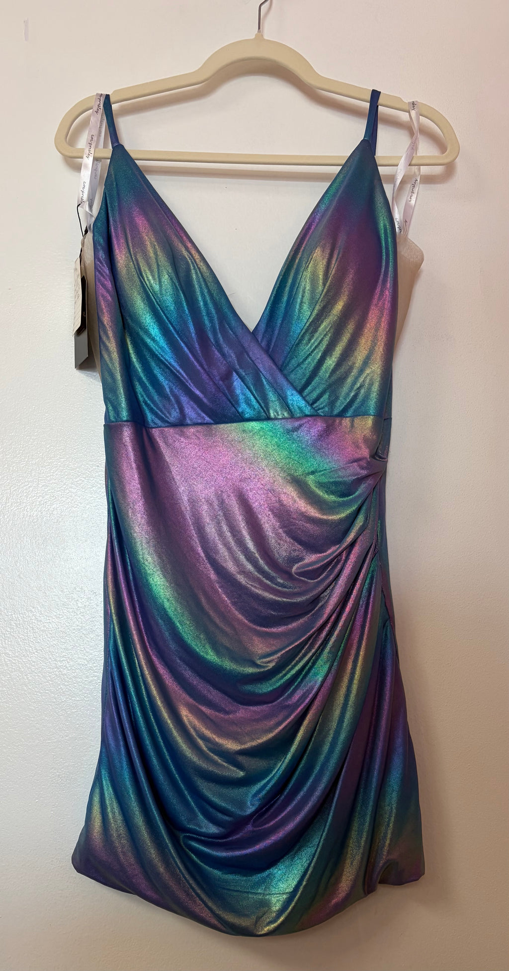 Ava Presley 25937 Iridescent Mermaid Metallic Homecoming Dress with Ruched Draping