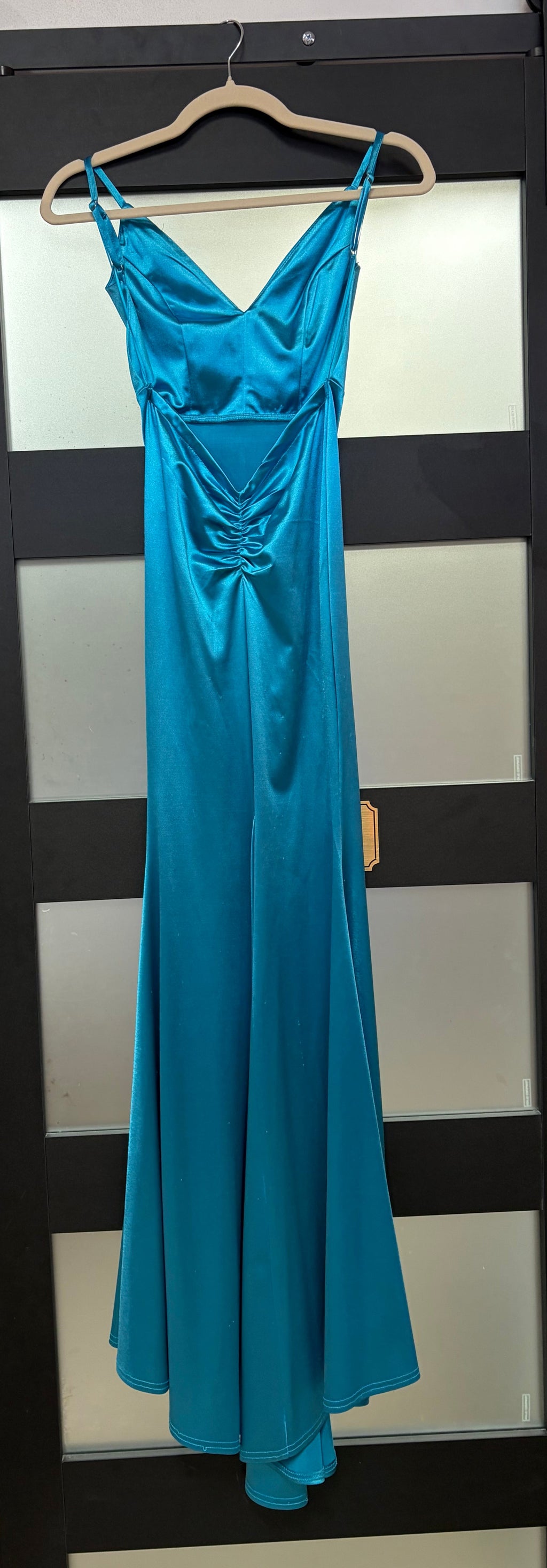 Amoris by Cinderella Divine SE016 Teal Satin Cowl Neck Mermaid Formal Gown