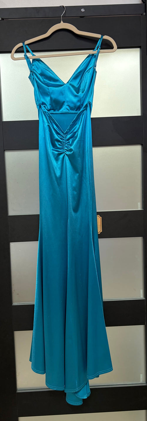 Amoris by Cinderella Divine SE016 Teal Satin Cowl Neck Mermaid Formal Gown