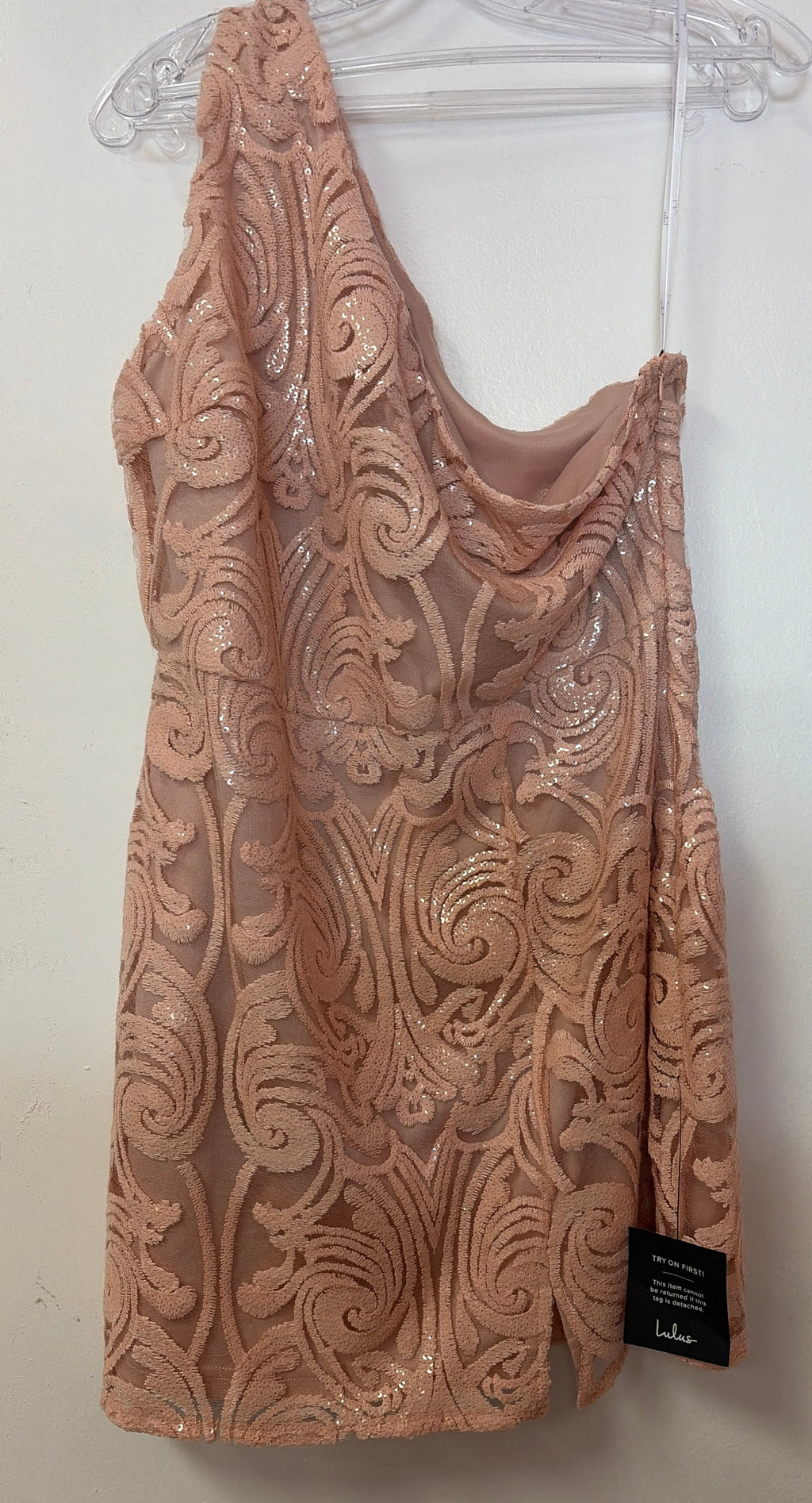 Lulus Blush Pink One-Shoulder Sequin Lace Homecoming Dress