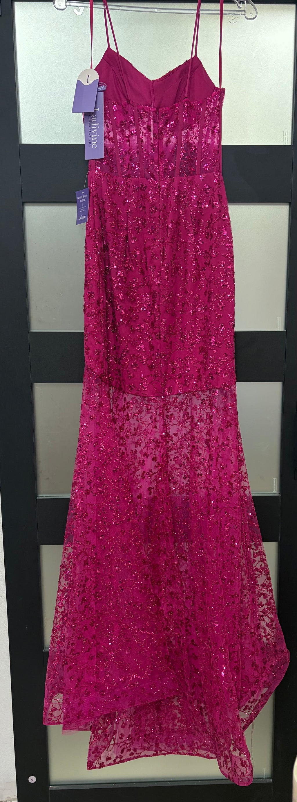 LaDivine C155 Fuchsia Sequin Lace Corset Gown with Sheer Skirt