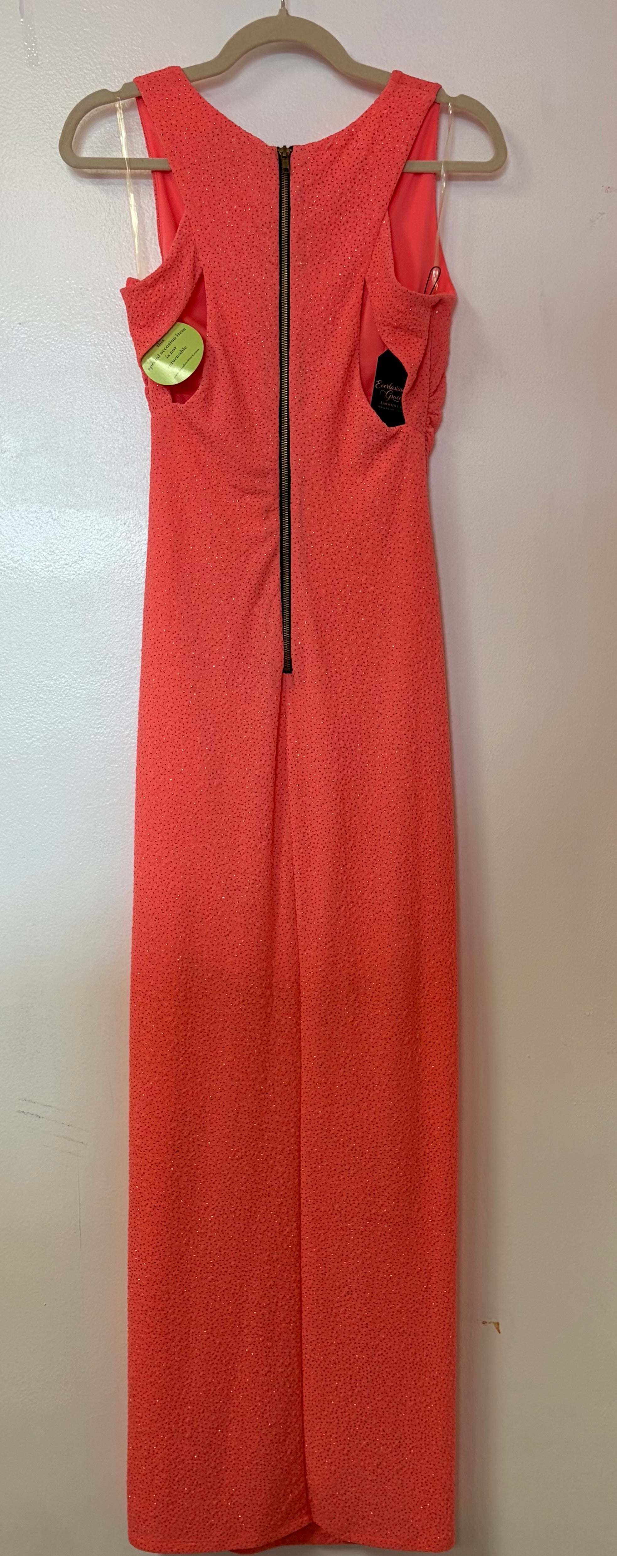 Windsor Neon Coral Rhinestone Column Gown with Side Ruching and Full-Length Back Zipper