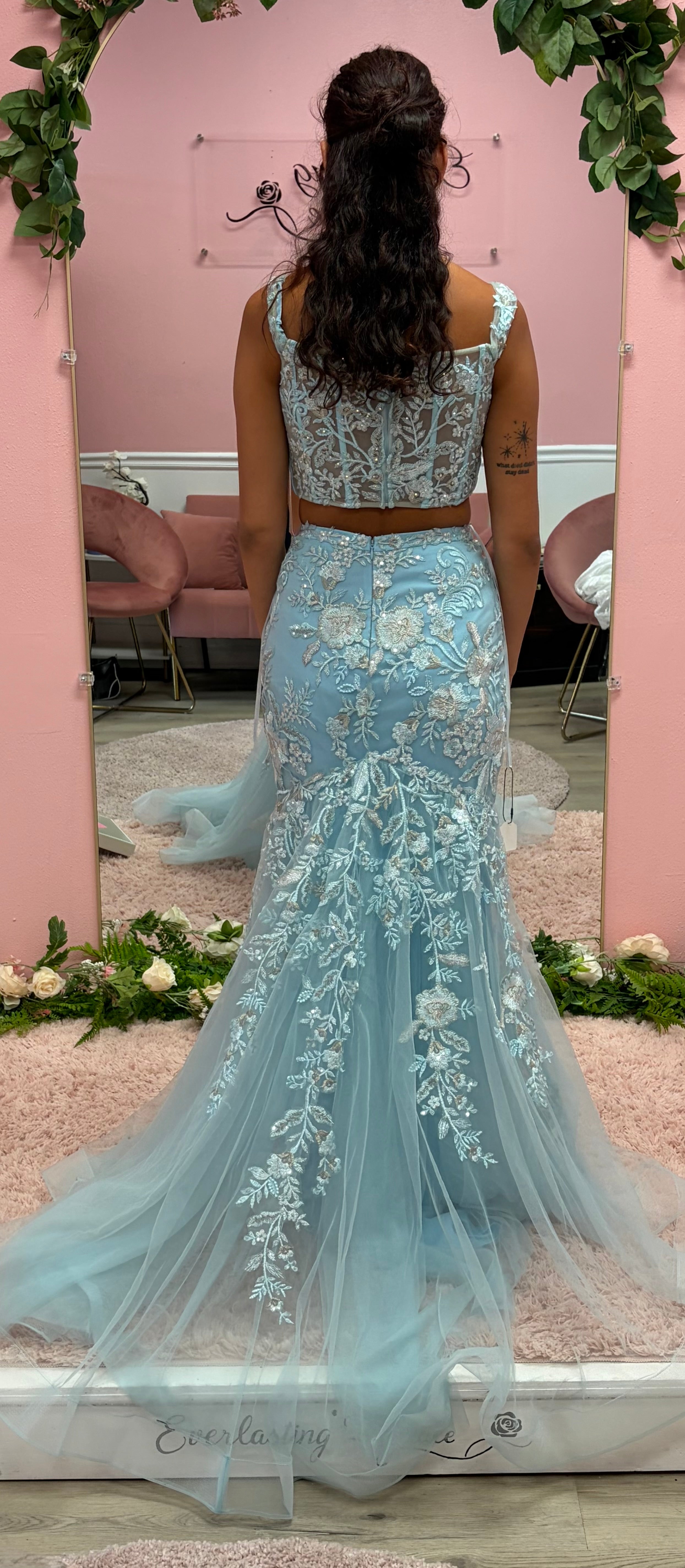 Morrell Maxie 16342 Light Blue Floral Embroidered Two-Piece Formal Gown with Overskirt