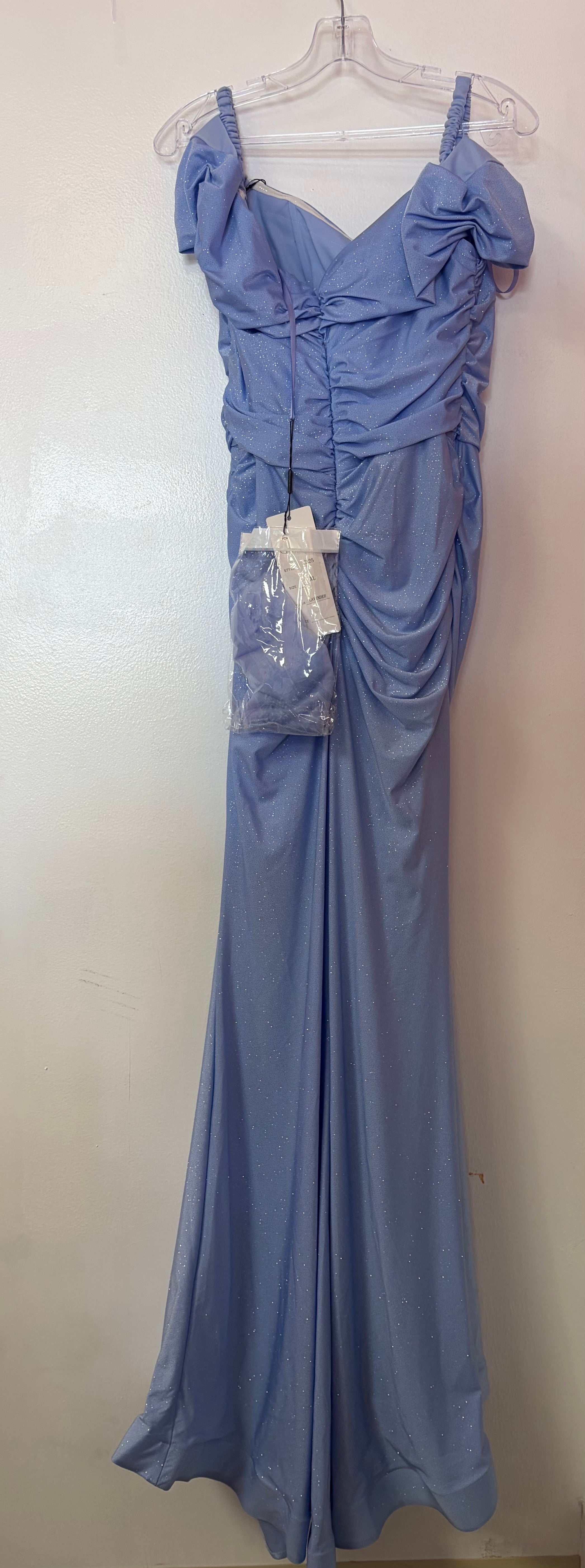 Chicas C325 Periwinkle Glitter Off-the-Shoulder Mermaid Gown with Ruched Bodice