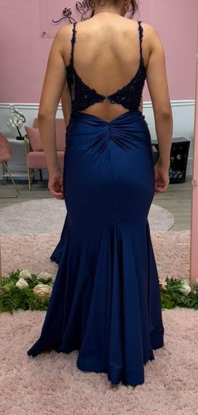 Ellie Wilde EW120007 Navy Embellished Mermaid Prom Gown with Open Back and Beaded Lace Bodice