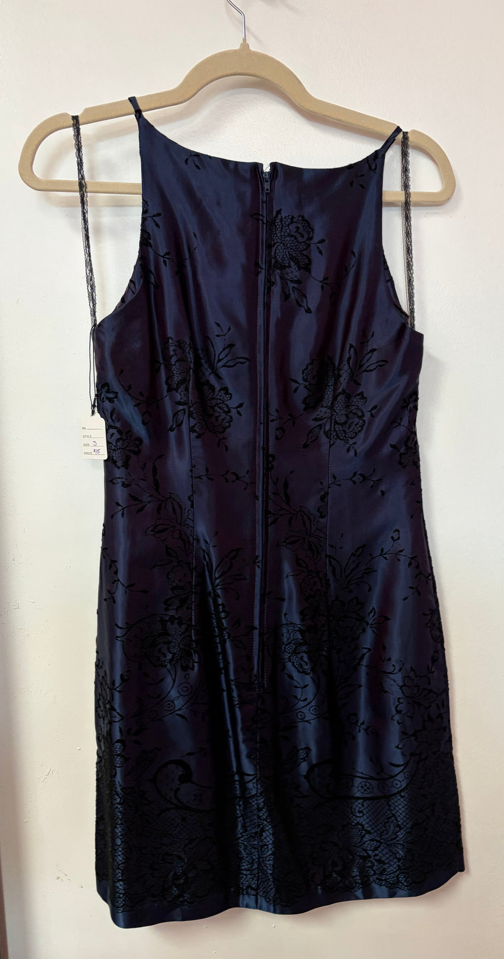 Navy Satin Floral Velvet Burnout Cocktail Dress