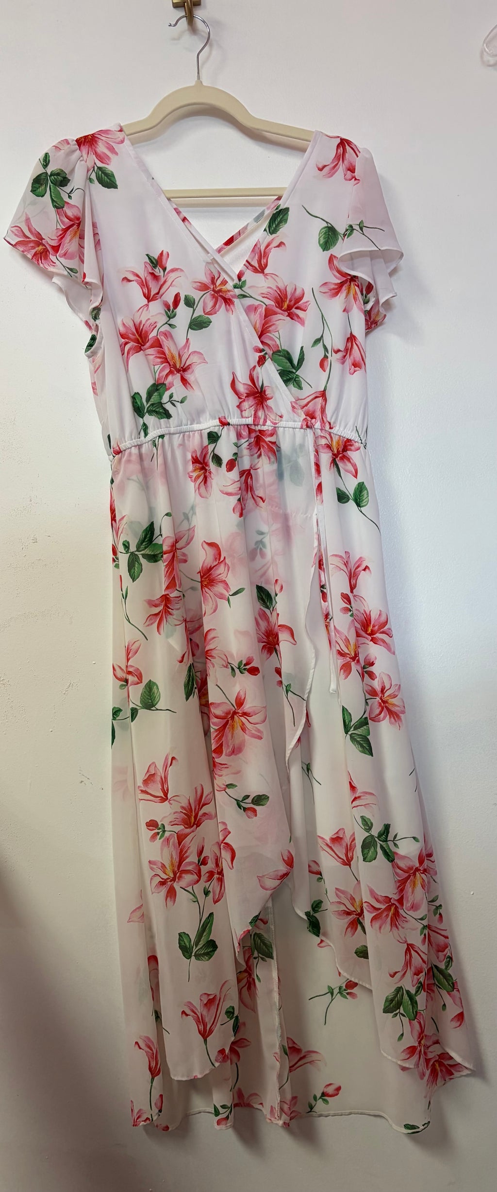 White Floral High-Low Chiffon Dress with Flutter Sleeves and Wrap Bodice