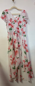 White Floral High-Low Chiffon Dress with Flutter Sleeves and Wrap Bodice