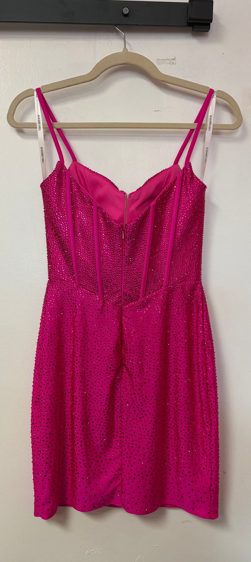 Sherri Hill Hot Pink Rhinestone Corset Mini Dress