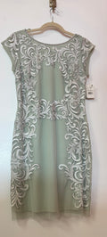 Aidan Mattox Sage Green Beaded Cocktail Dress with Ornate Embellished Mesh Overlay