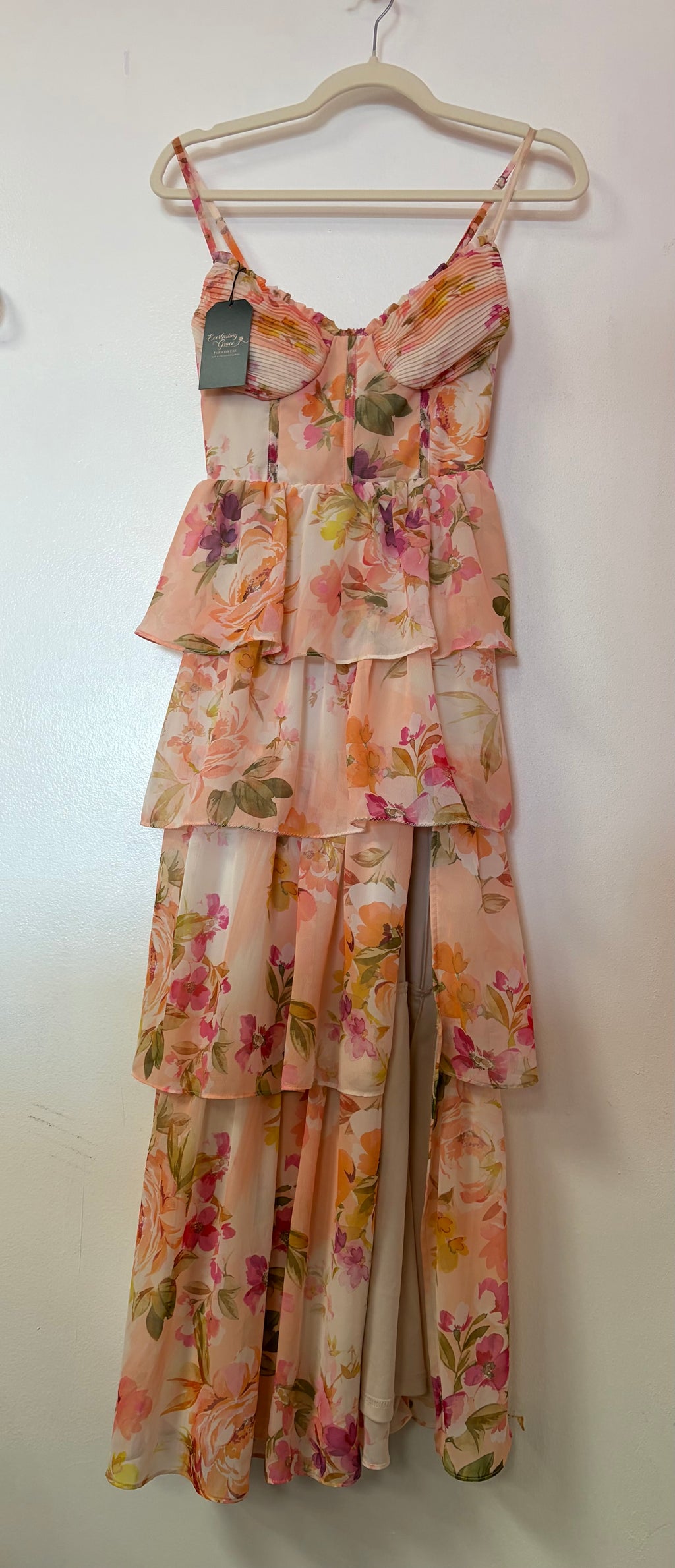 Birdy Grey Blush Floral Tiered Ruffle Midi Dress with Corset Bodice Detail