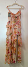 Birdy Grey Blush Floral Tiered Ruffle Midi Dress with Corset Bodice Detail