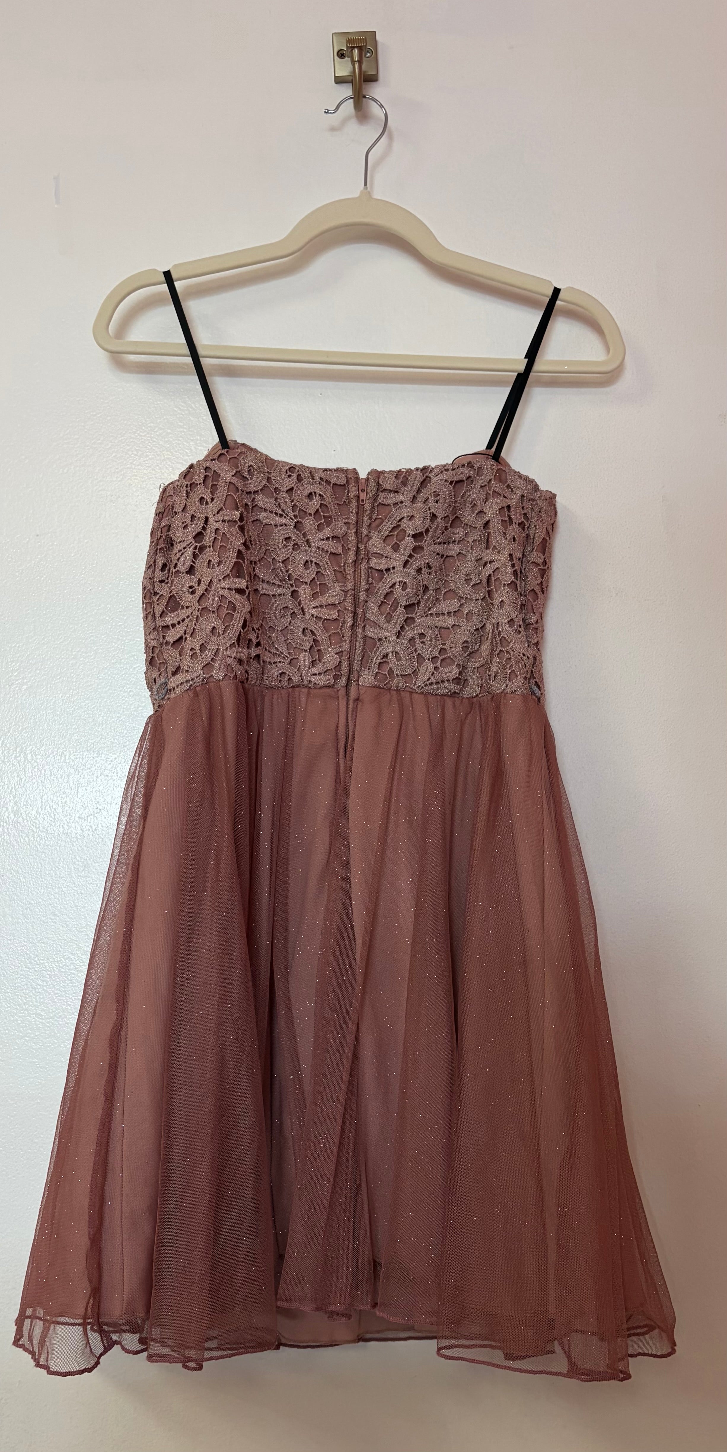 City Triangles Blush Lace Bodice Homecoming Dress with Shimmer Tulle Skirt