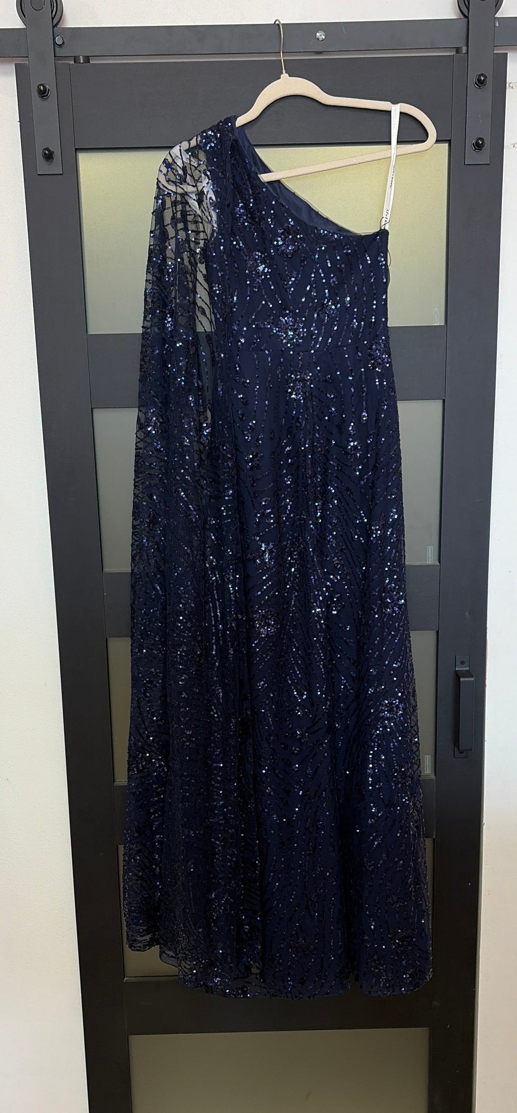 JJ's house sparkly navy one shoulder elegant evening gown