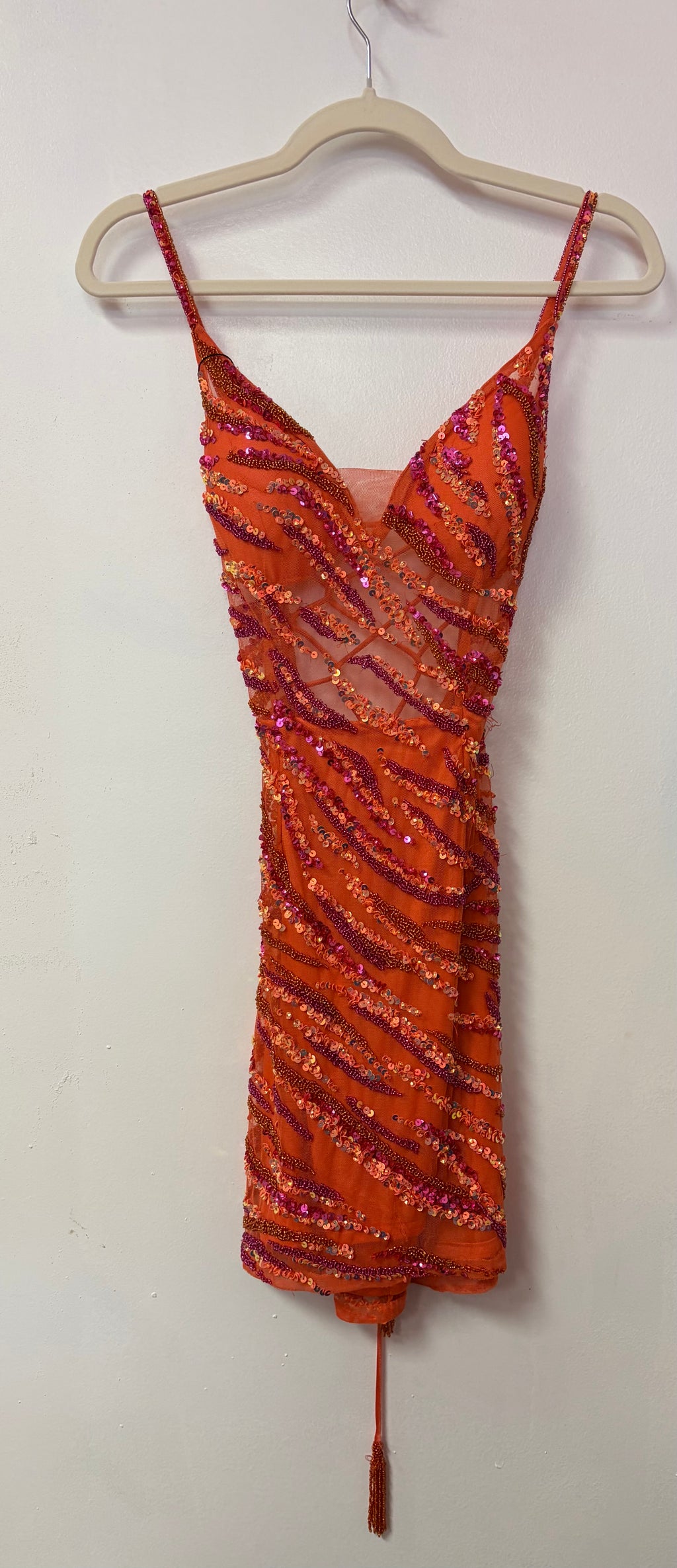 Rachel Allan 30051 Orange Sequin Homecoming Dress with Beaded Tiger Stripe Design and Lace-Up Back